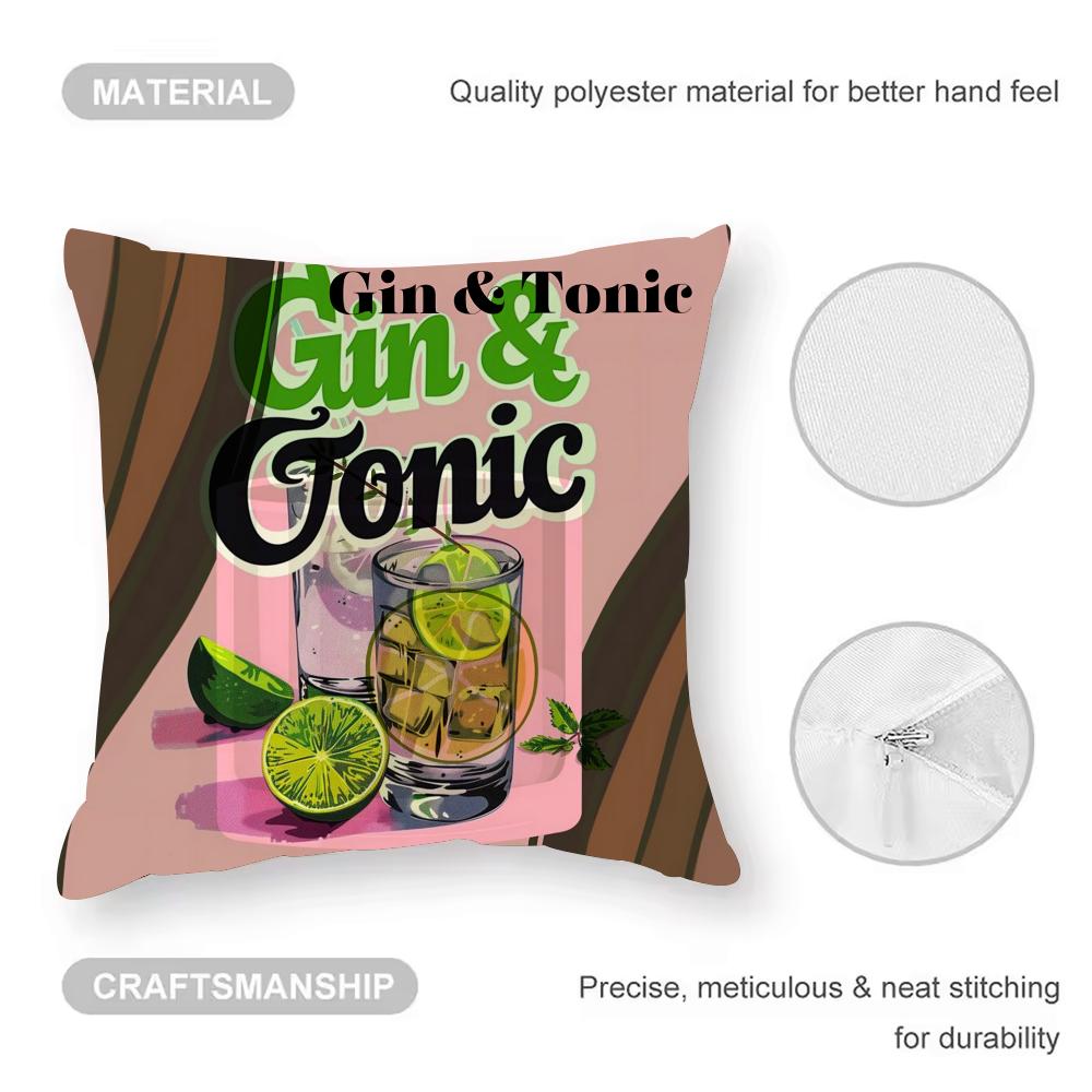 Gin& Tonic Cocktail Painting Cushion Cover Anti-dustmite Pillowcase Invisible Zipper Silky Short Plush Sofa Cushion Cover
