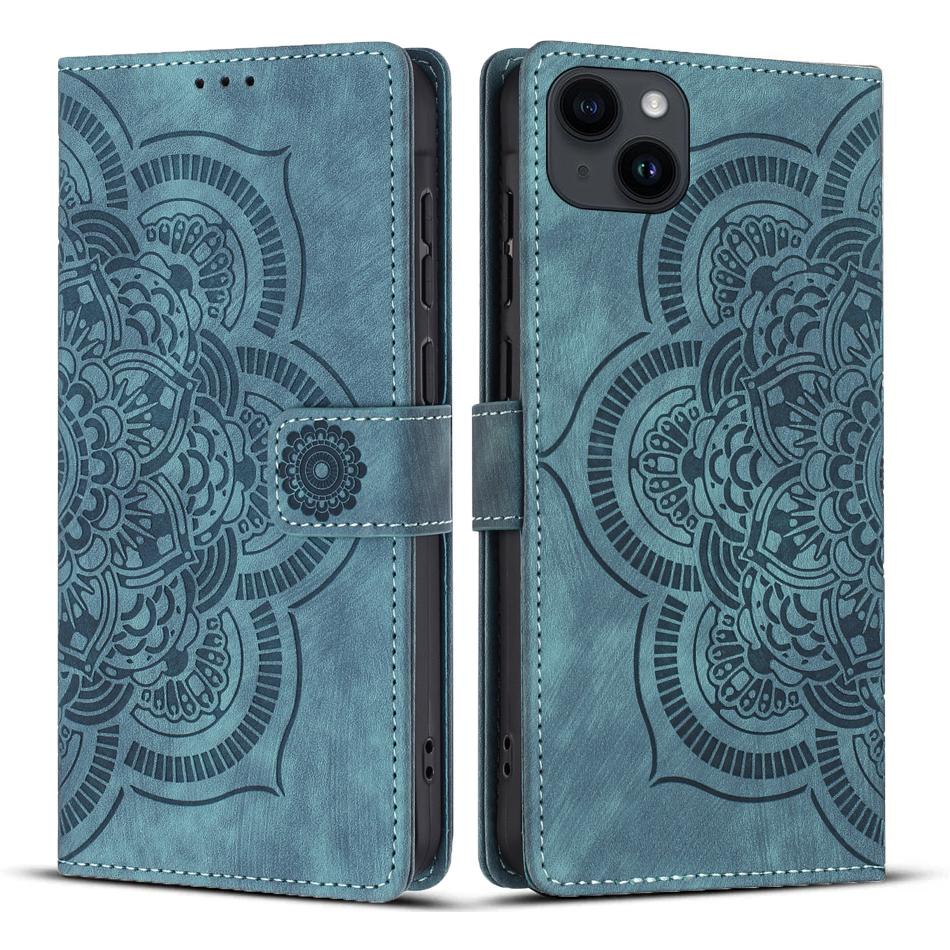 

For iPhone 14 Plus Leather Case WANLONFENG HDM Series Mandala Imprint Wallet Stand Phone Cover Blue