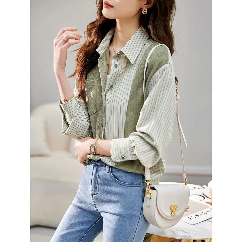 

Knitted Striped Patchwork Shirt for Women in Autumn High-end Loose Casual Slim Commuter Shirt Top XL зелений