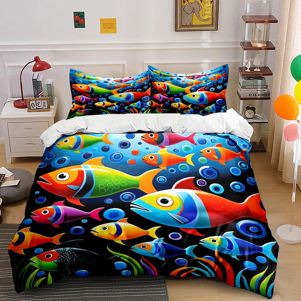 Colorful fish and bubbles. Bedding sets Duvet cover sets Duvet covers Pillowcases(1*Duvet Cover 2*Pillowcases without duvet insert)