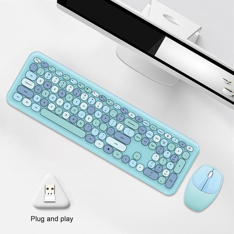 Mofii Trådløs mus og tastatursett Runde tastaturhetter Farget tastatur Kvinner Kontor Trådløst tastatur Full størrelse Skrivemaskintastatur