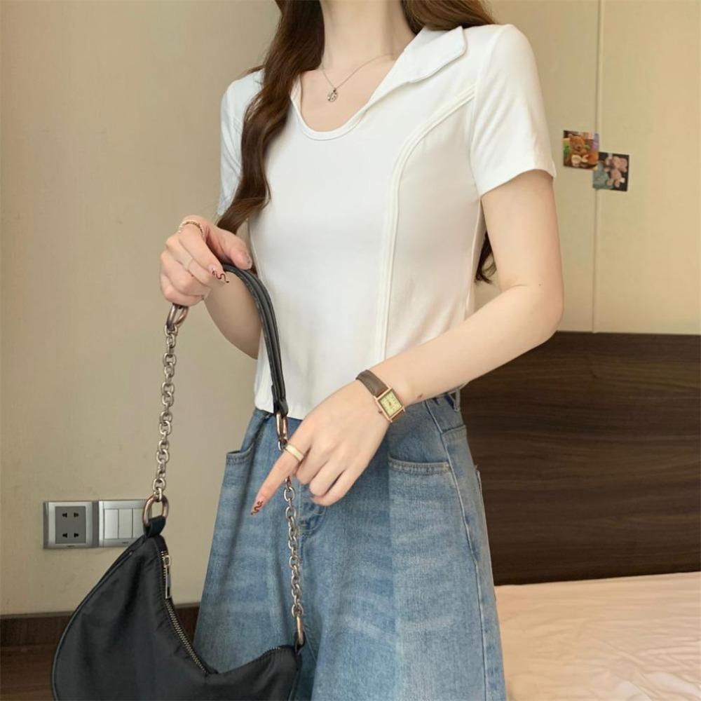 Pullover Y2k Crop Tops Women V-neck Flip Neck Blouses Fashion Short Sleeve T Shirt  Female