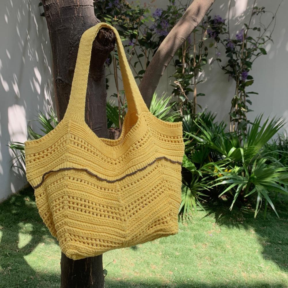 Korean Style Hollow Out Knitted Weave Bag Solid Color Knitted Shoulder Bag Crochet Tote Bag  Daily