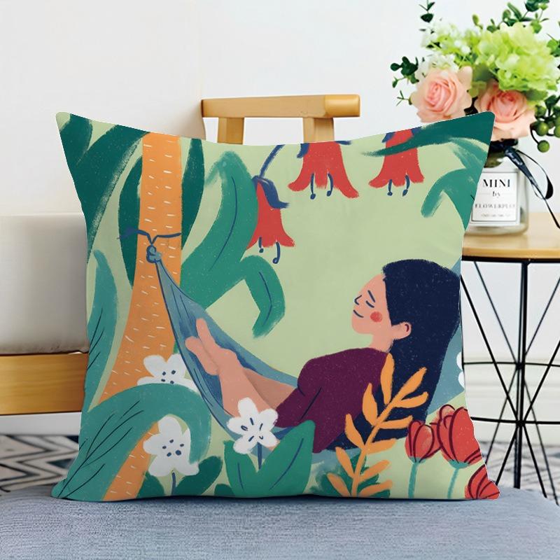 Illustration Style Printed Decorative Pillowcase Bedroom Living Room Square Cushion Pillowcase
