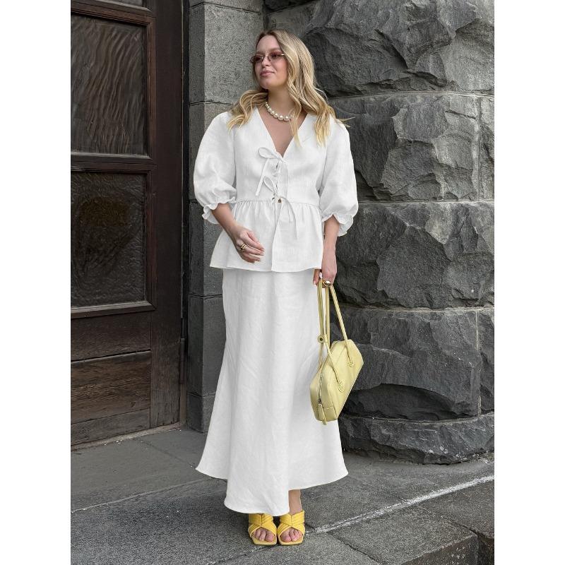 European and American new V-neck bubble sleeve lace-up top high waist skirt set