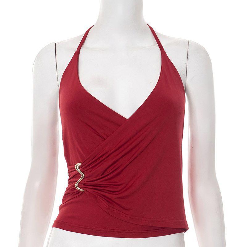 New V-Neck Hanging Neck Tie Top New Solid Color V-Neck Halter Tie Top