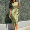 Fashion Womens Color Irregular Sloping Shoulder Waistband Slimming Dress
