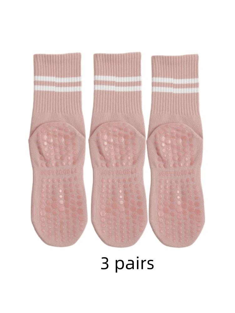 3pairs Yoga Socks Women Anti-skid Grips Mid-tube Bottom Breathable Fitness Dance Barre Workout Pilates Socks Anti Slip Silicone