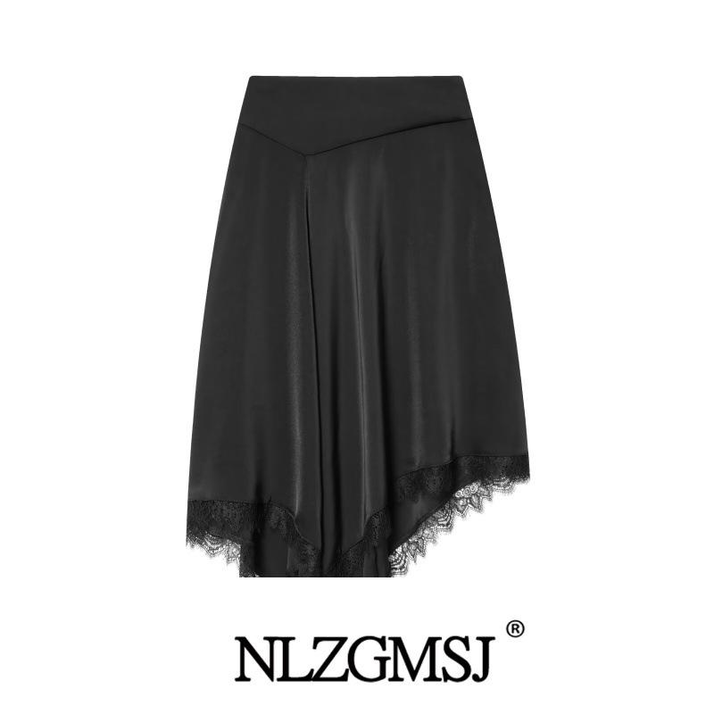 2026 Spring Asymmetrical Lace Trim Midi Skirt - European & American Style Small чёрный