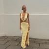 European and American women's clothing new Spice Girl sexy deep V neck backless temperament ruffle edge split dress