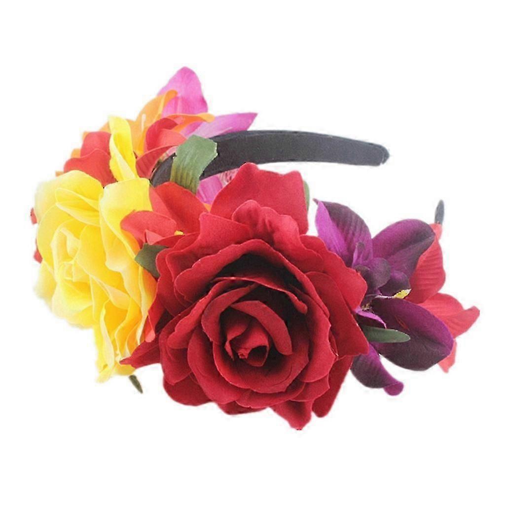 Women Day of The Dead Headband Artificial Contrast Color Rose Flower Crown with