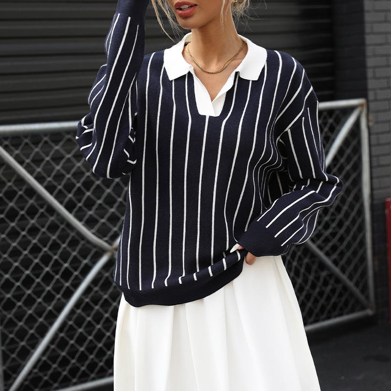 A New Autumn College Casual Street Fashion Lapel Striped Women's Sweater