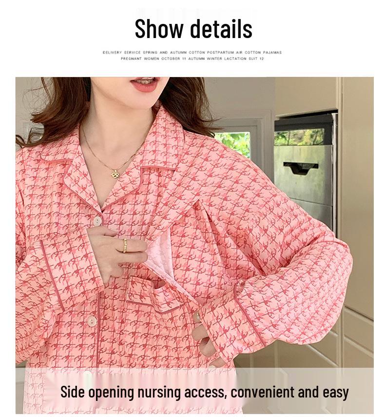 Plus Size Maternity & Postpartum Pajama Set with Breast Pads - Long Sleeve, Spring & Autumn Nursing Wear