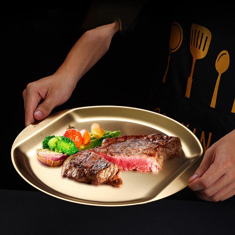Breite Seite 304 Edelstahl-Essteller Snacks Western Food Steak Barbecue Tabletts Flache runde Hauptplatte Hotel Tischservice