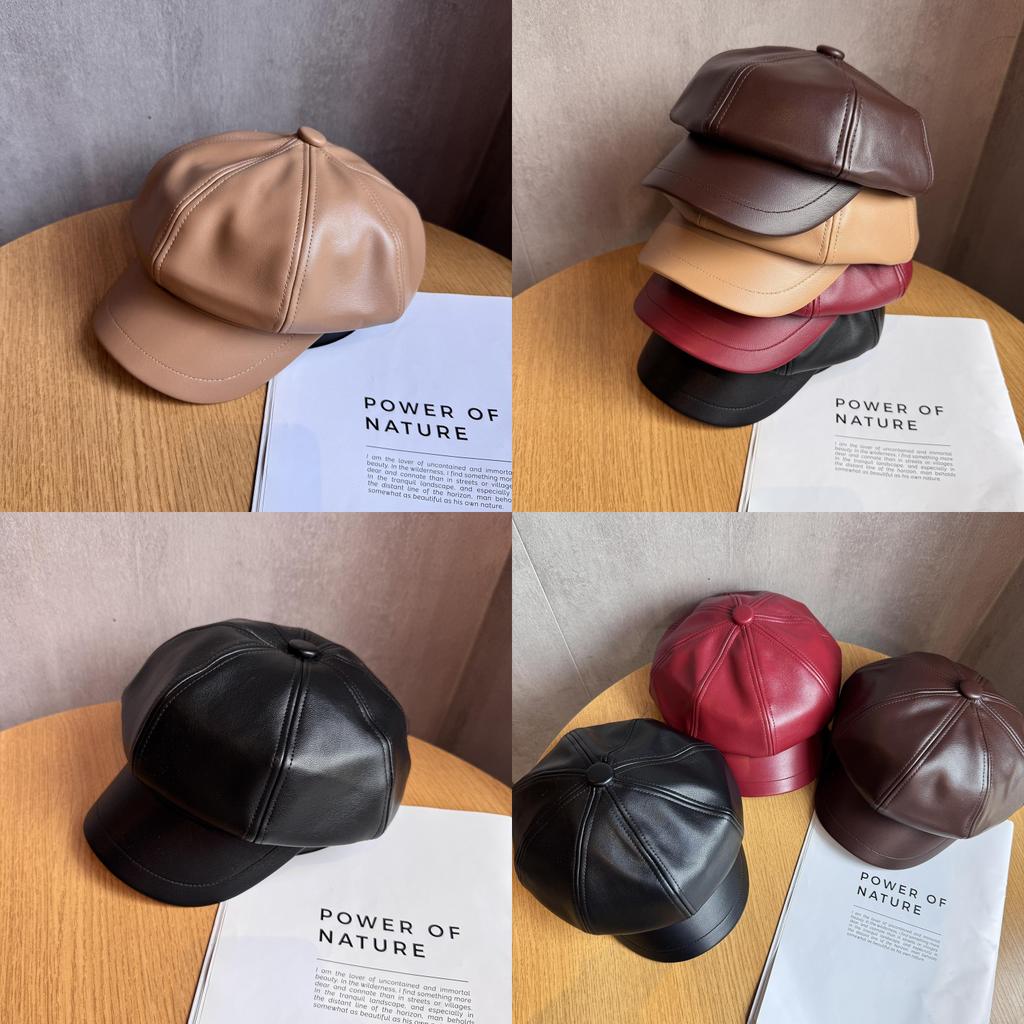 Pu Leather Octagonal Hat For Women With Sun Protection Chic Winter Fashion Accessory