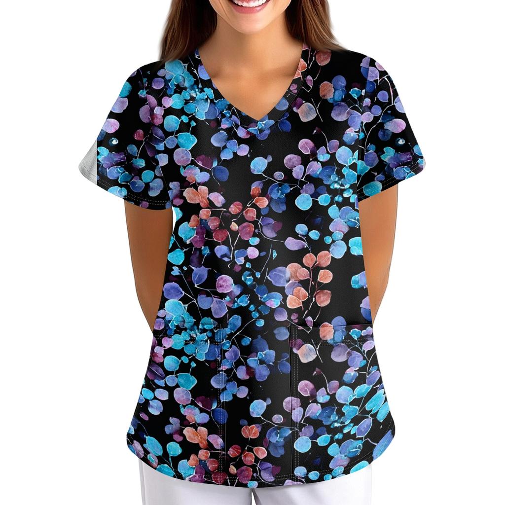 Women's Short Sleeve V Neck Vintage Floral Print Pocket Nurse Scrub Top Medical Uniform Shirt for Healthcare Professionals