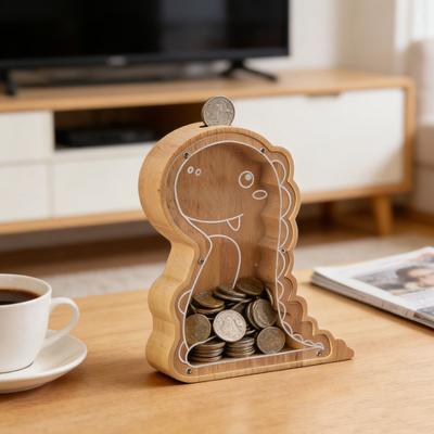 Wooden Dinosaur Piggy Bank Clear Acrylic Coin Cash Container Toddlers Boys Girls Cartoon Dino Money Saving Box Decoration