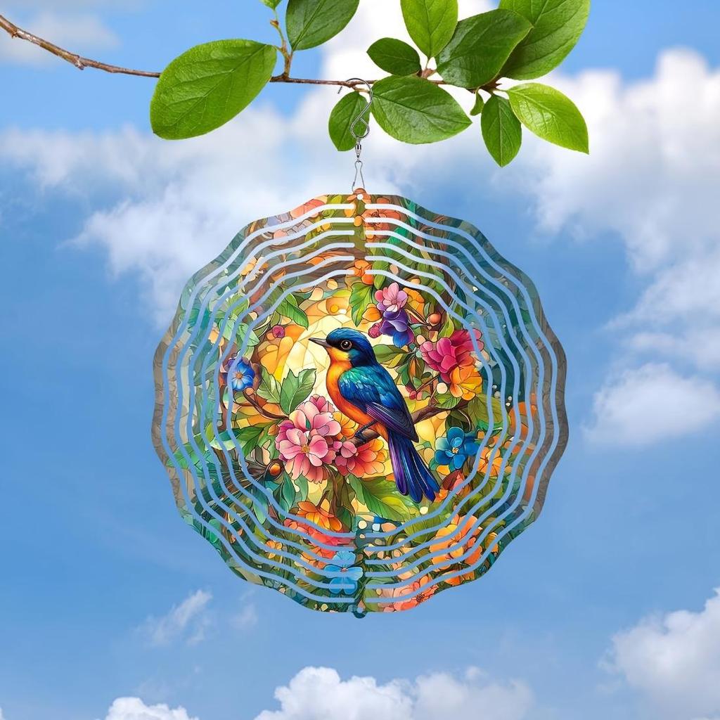 Vibrant Hummingbird & Floral 3D Stainless Steel Wind Spinner - 19.99cm Colorful Metal Sculpture for Indoor/Outdoor Garden Decoration, Battery-Free