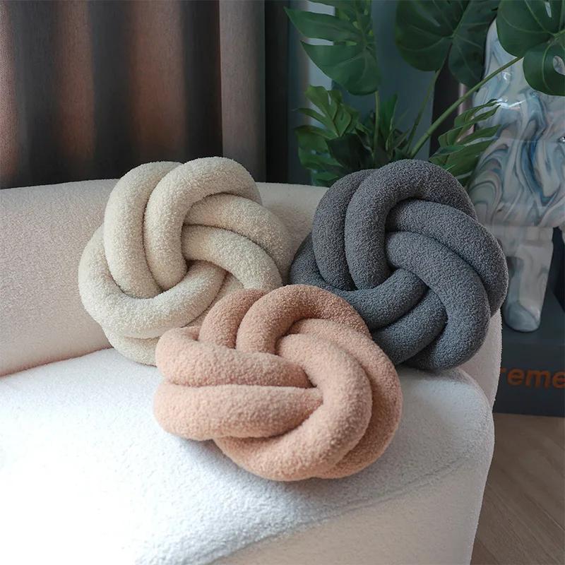 Nordic INS Style Hand Woven Lamb Wool Round Pillow Braided Home Decor Sofa Backrest Cushion Cozy Living Room Bedroom Accent
