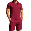 Summer Men Jacquard Textured Matching Set Half Zip Collar Polo Short Sleeve Top Drawstring Waist Shorts Golf Beach Two Piece Tracksuit