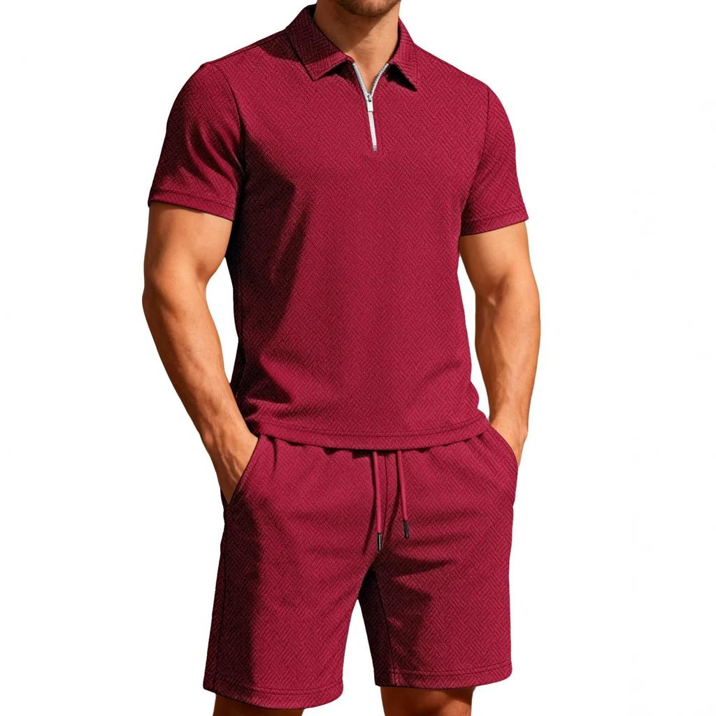 Summer Men Jacquard Textured Matching Set Half Zip Collar Polo Short Sleeve Top Drawstring Waist Shorts Golf Beach Two Piece Tracksuit