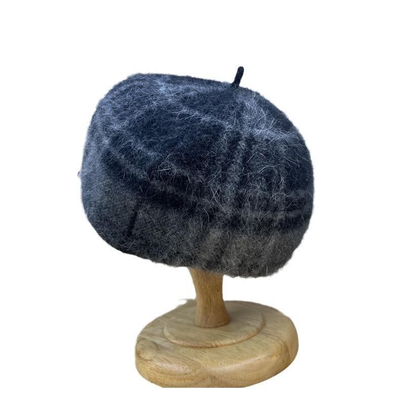 Autumn and winter new plaid angora rabbit fur wool beret british retro painter hat shows small face