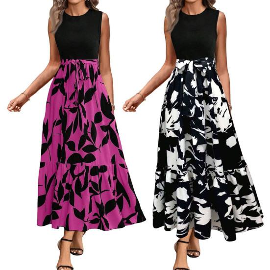 Women Summer Dress Round Neck Short Sleeve Printing Splicing Design Midi Dress Flowy Hem Beach Party Dress