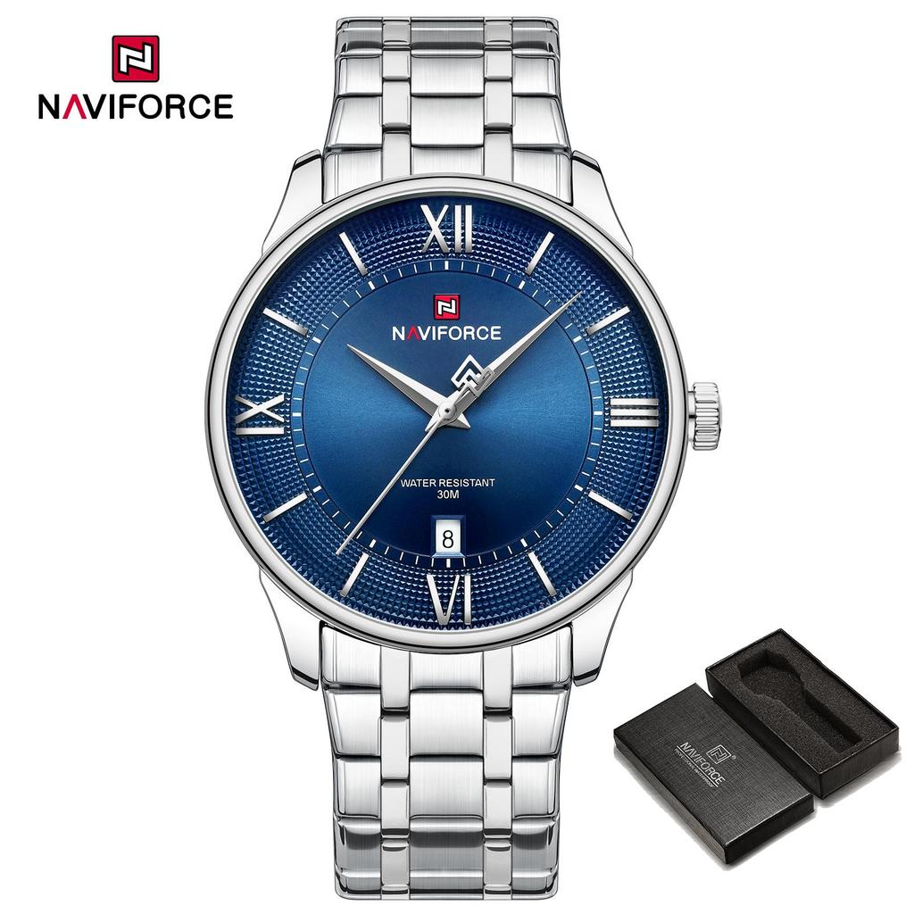 NAVIFORCE Men Quartz Watch Daily Casual Calendar Simple Dial 30m Waterproof Stainless Steel Strap Men Casual Watch Gift NF9272S