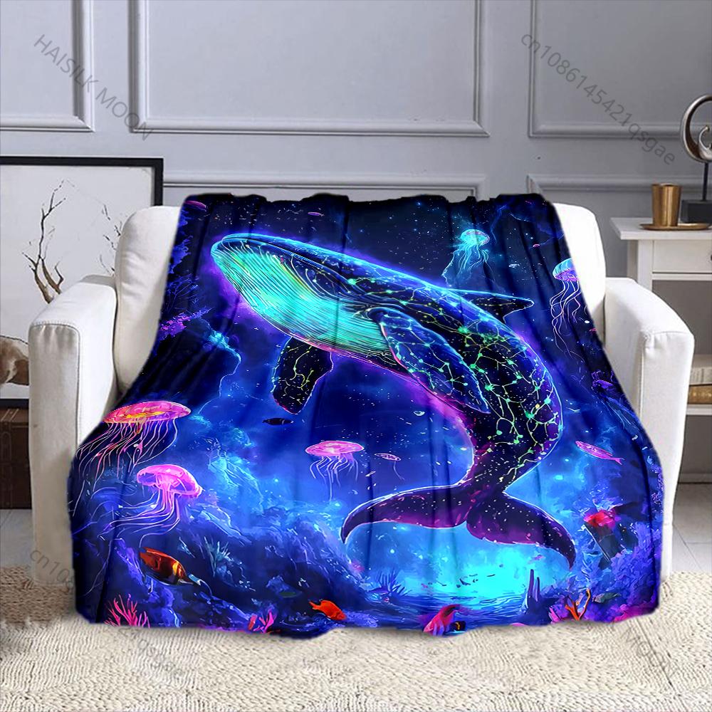 1PC Glowing whale with jellyfish printed blanket all seasons multi-purpose blanket suitable for sofa, camping, travel, car