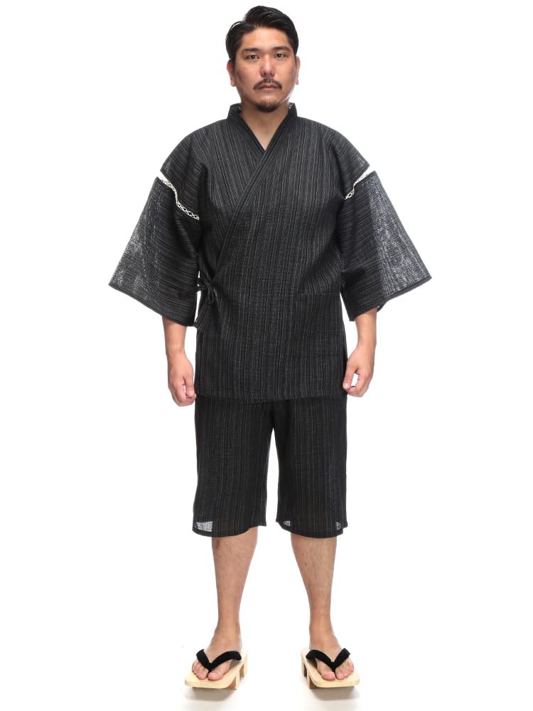 CLUB Sakazen Plus Size Shijira Weave Top and Bottom Jinbei Black X1 To B&T (B&T Club) Men's Yarn-Dyed Set, Loungewear, / (equivalent 3L-4L)