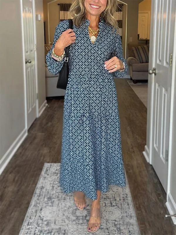 

Европейское платье с V-образным вырезом, девятью рукавами и принтом в виде ромбов - Горячий тренд 2025 Extra Large темно-синий