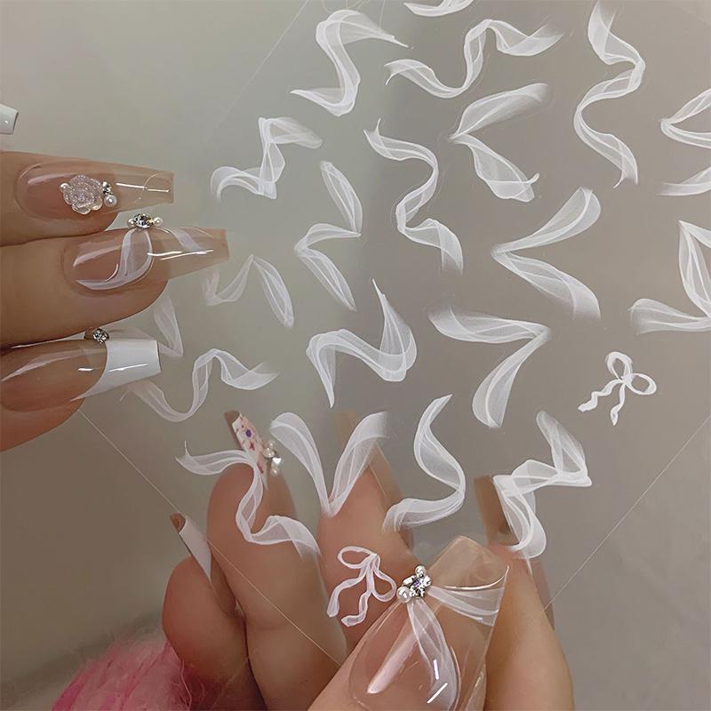 1 Sheets White Lace Ribbon With Pearl Nail Stickers Adhesive Nail Art Sticker Nail Art Decoration