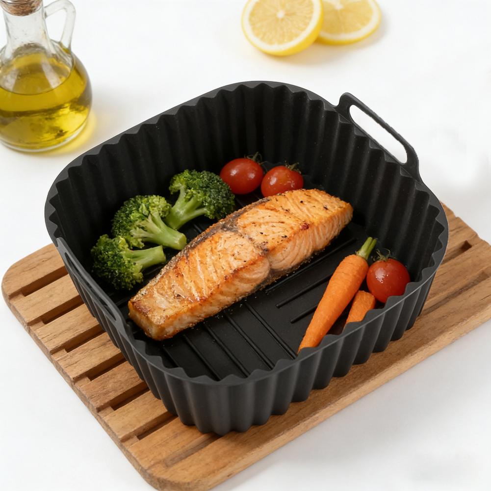 Non-Stick Silicone Air Fryer Pot Baking Pan with Handles - Even Heating Dishwasher Safe Kitchen Accessory for Healthy Cooking