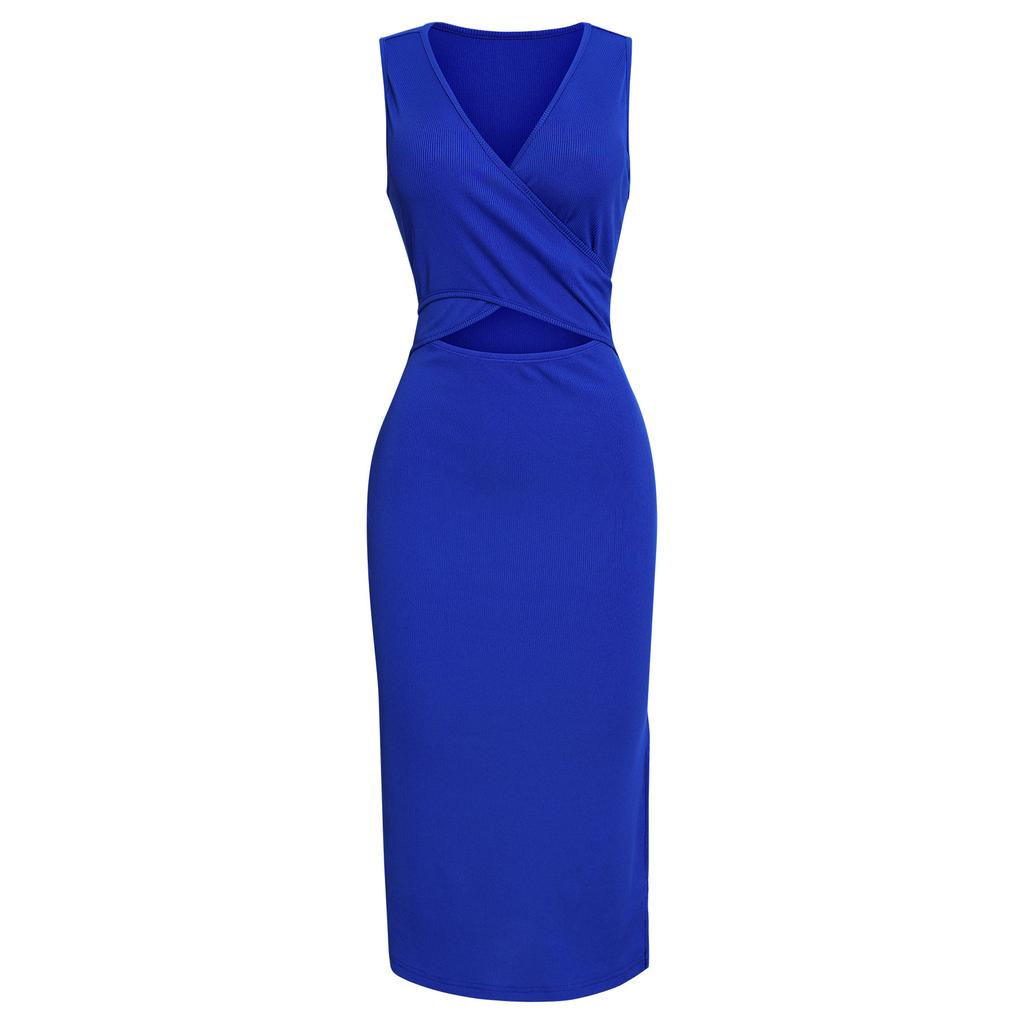 Women Spring Summer Casual Long Dress Elegant Sweet Casual Solid Split O Neck Sleeveless Bodycon Slim Maxi Dress