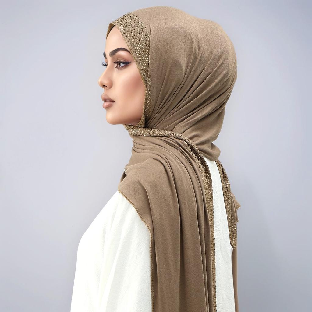 Ramadan Muslim Shimmer Rhinestone Jersey Cotton Hijab Scarf For Women Solid Headscarf Shawl Wrap With Diamonds Turban Bandana