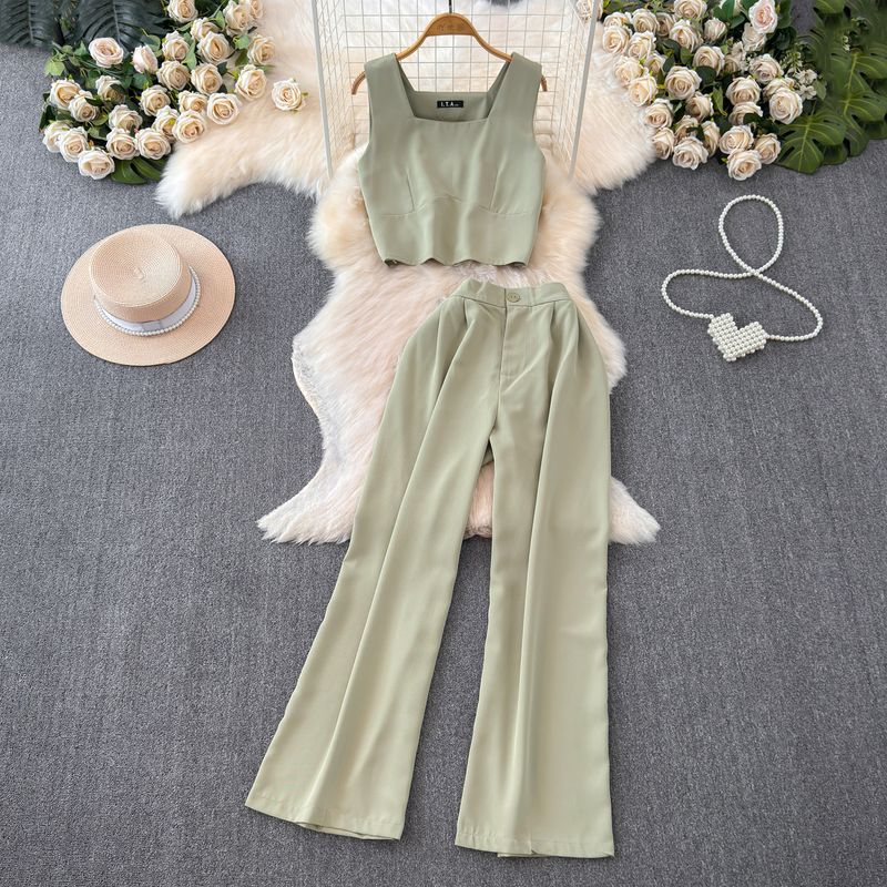 

Fashion Suit Women s K-style Sleeveless Silm Vest Tops Two-piece Set Casual High Waist Slim Looking Straight-Leg Wide-Leg Pants Green All yards