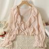 Cardigan in chiffon con scollo a V, lacci, camicia leggera, colore unito, bordo con volant, estivo, sottile, protezione solare, da indossare tutti i giorni