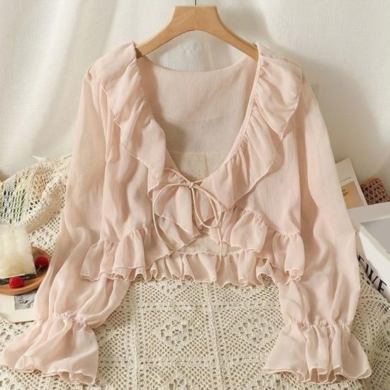 Cardigan in chiffon con scollo a V, lacci, camicia leggera, colore unito, bordo con volant, estivo, sottile, protezione solare, da indossare tutti i giorni