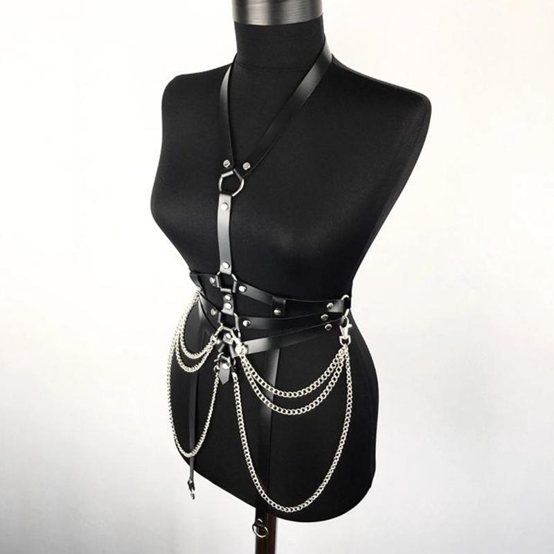 Gothic Punk PU Leather Belt With Detachable Chain Woman Adjustable Body Harness Halter Sexy Leather Waist Belt