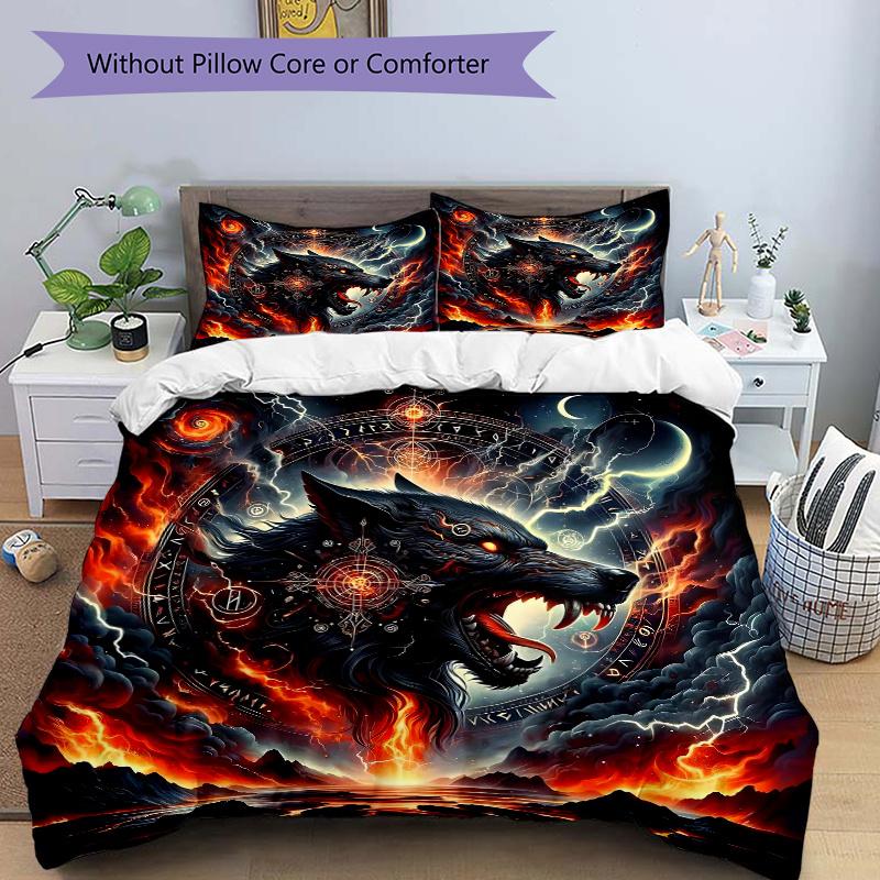 

3pcs A Fiery Wolf amidst Celestial Symbols Printed Quilt Set - Includes 1 Quilt Cover and 2 Pillowcases, Machine Washable - Suitable for All Seas 135x200cm