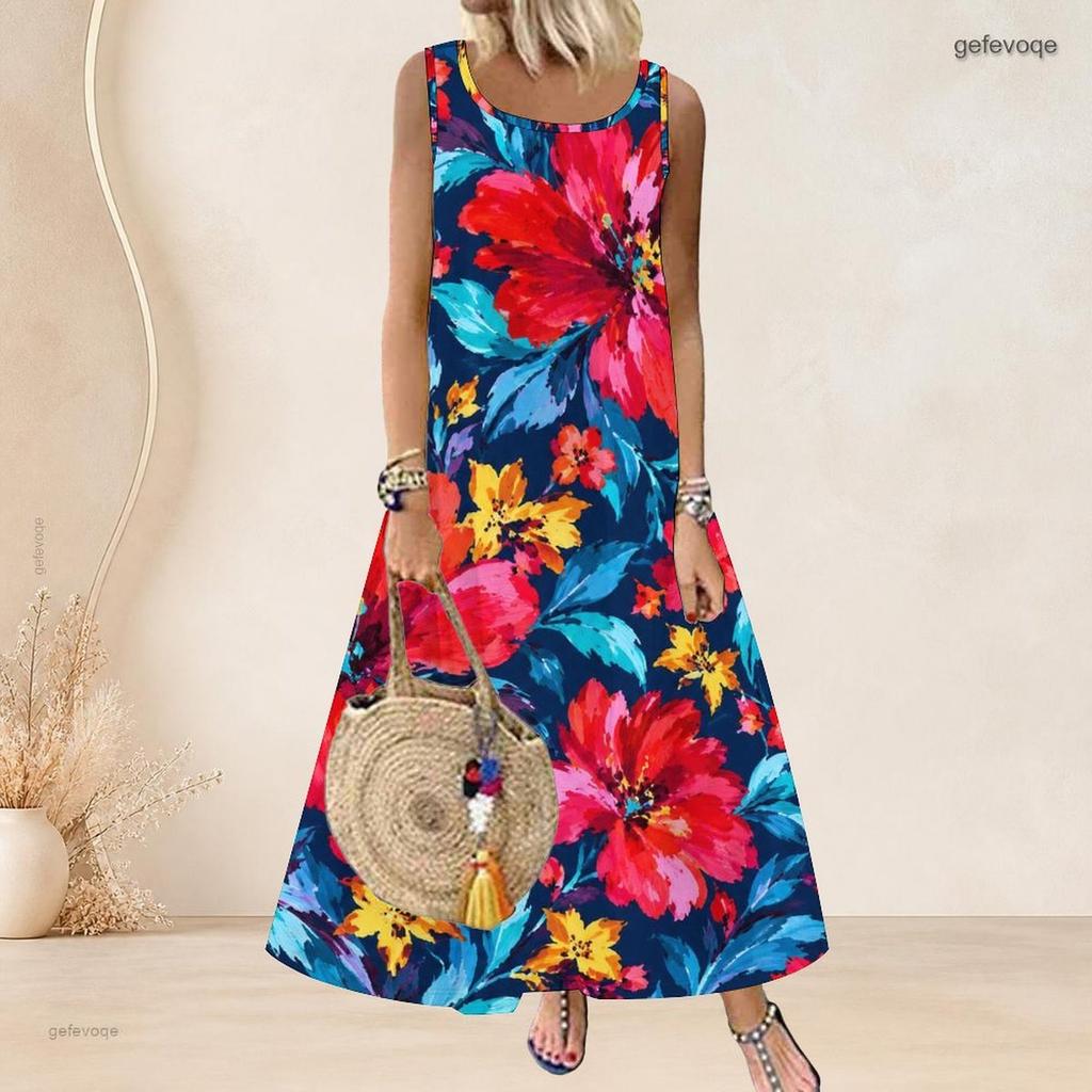Women Plus Size Scoop Neck Sleeveless Floral Printed A Line Long Dress