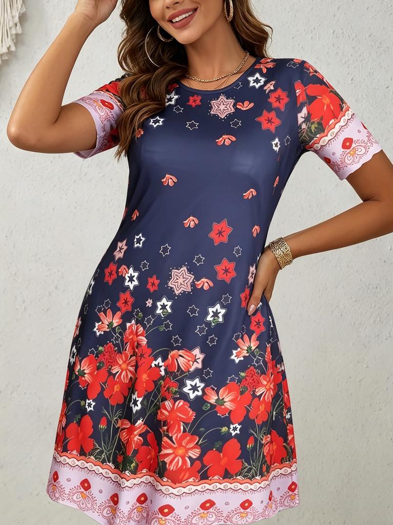 Spring and summer European and American women's clothing new full body ethnic style plant flower printing short sleeve crew neck dress women