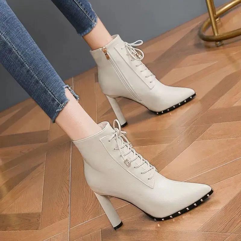 Women's Ankle Boots Sexy Studded Very High Heels Booties Heeled Hot Winter 2024 On Promotion Designer Luxury Female Short Shoes