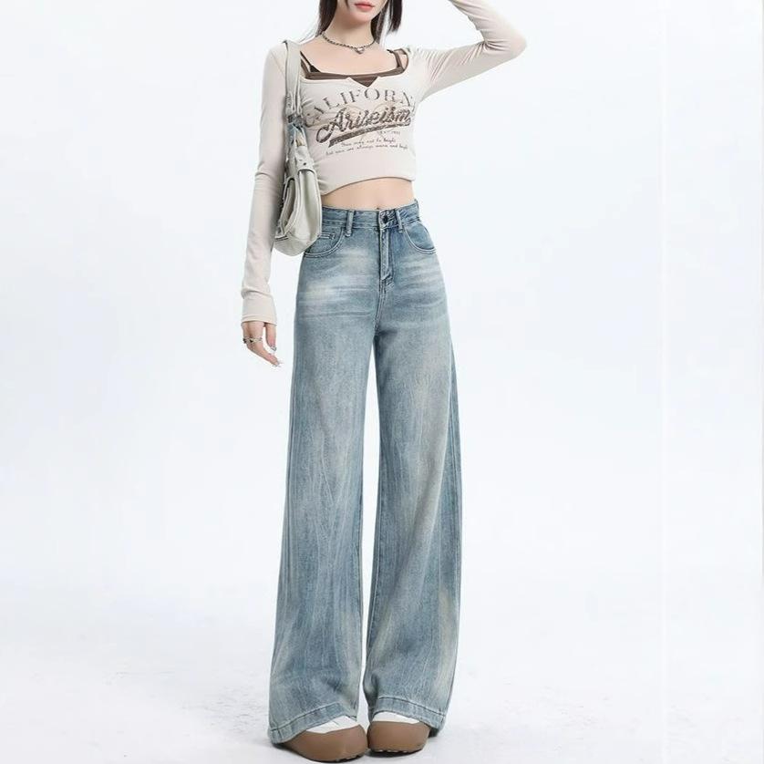 Vintage Wide-legged Jeans Women's Spring and Autumn High-waisted Loose Lethargy Wind Draping Not Sticking Straight Trailing Trousers Long Denim Pants