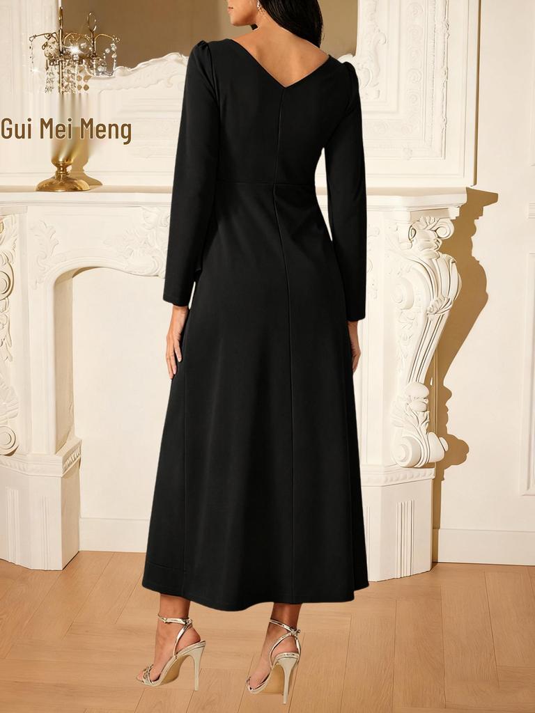 Vestido Elegante de Talla Grande para Mujer con Cuello Redondo, Volante de Diamantes y Abertura