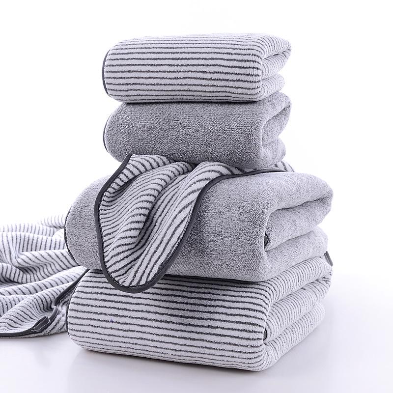 Bamboo Charcoal Coral Fleece Bath and Face Towel Set - Thick, Solid Color