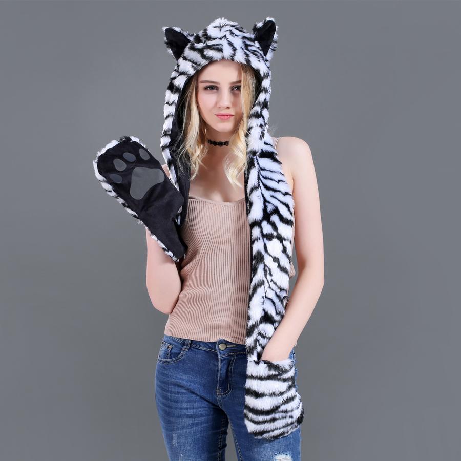 Cartoon Plush Hat Scarf Glove Set - Cute Faux Fur Cap