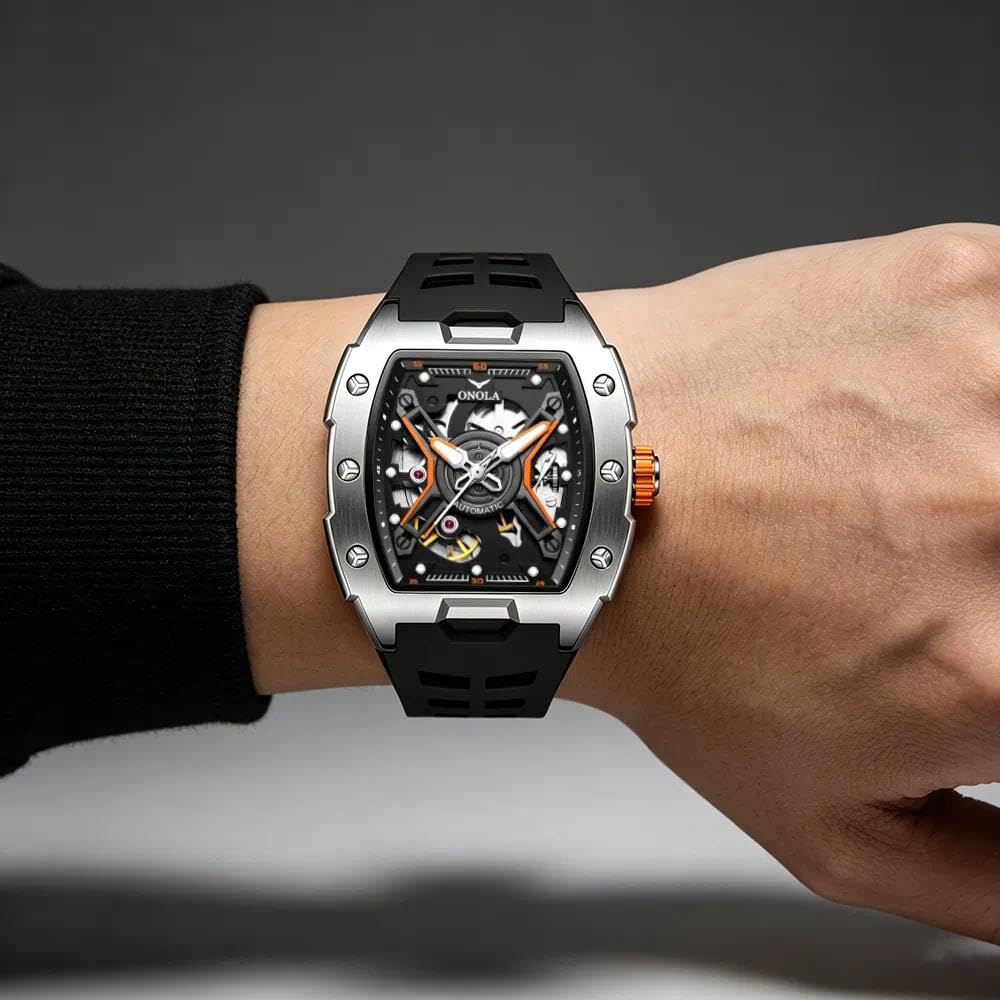 Luminous Skeleton Self Winding Mechanical Watches for Men Tonneau Shape Waterproof Sports Watch Rubber Strap