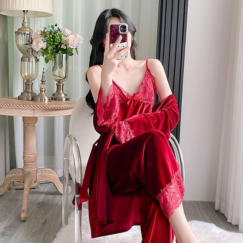 Damen Eisseide Dreiteiliger Pyjama-Set - Spitzen-Camisole, Lange Hose, Morgenmantel - Sexy Frühling/Sommer Homewear