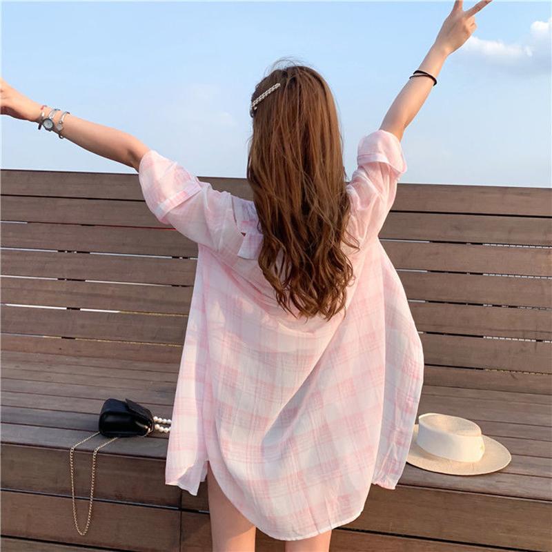 Über das Knie Lange Sonnenschutzkleidung Damen Locker Übergroß MM Karomuster Chiffonhemd Sonnenschutzkleidung Großer Lockerer Langer Mantel